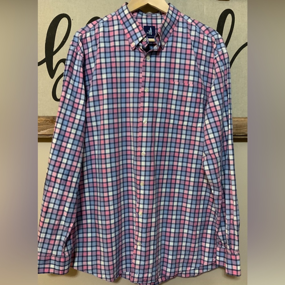 Johnnie O Shirt Adult XLarge White Pink Blue Mens Button Up Cotton Casual NWOT